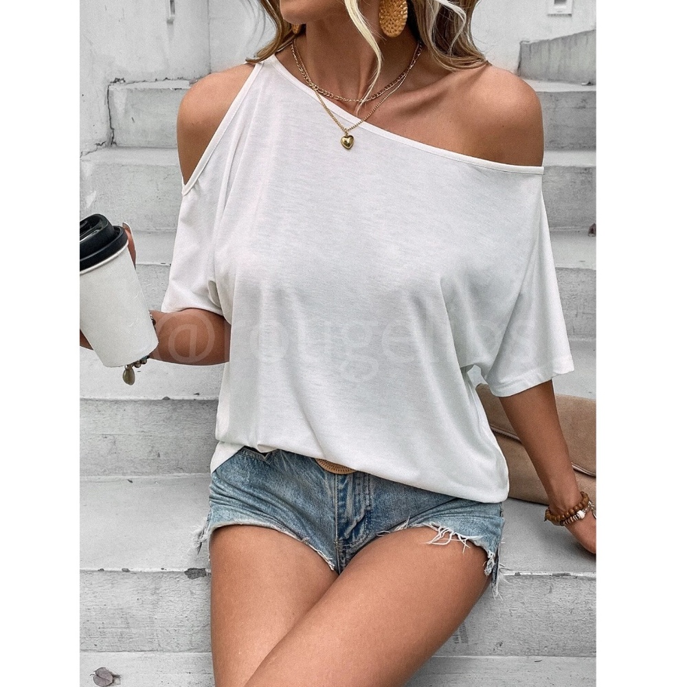 Asymmetric Boat Neck Batwing Cut Out Short Sleeve White Tee Shirt - Picture 3 of 7